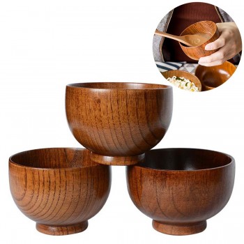 Durable Japanese Style Wooden Bowl Soup/Salad Rice Noodles Bowls Natural Wood Eating Bowl for Children Tableware