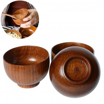 Durable Japanese Style Wooden Bowl Soup/Salad Rice Noodles Bowls Natural Wood Eating Bowl for Children Tableware