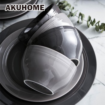 HANS Style Ceramic Dinner Light Grey Bowl China Bone Dark Grey Salad Bowl Porcelain Plate