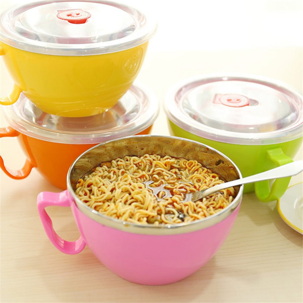 Stainless Steel 900ml Noodle Bowl With Lid Handle Plastic Leak-Proof Food Container Rice Soup Bowls Household Utensils