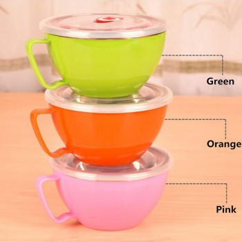 Stainless Steel 900ml Noodle Bowl With Lid Handle Plastic Leak-Proof Food Container Rice Soup Bowls Household Utensils