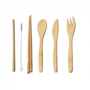 6-Piece Japanese Wooden Cutlery Set Bamboo Cutlery Straw Cutlery Set With Cloth Bag Kitchen Cooking Tools Dropshipping
