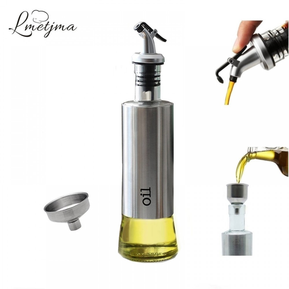 LMETJMA 300ML Olive Oil Dispenser Bottle with Funnel Stainless Steel Oil Pourer Dispensing Bottles Oil Vinegar Sauce Bottle