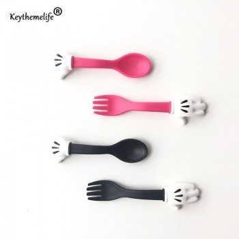 Tableware 2pcs/set Cute Mickey Mouse Claw teapoon Plastic PP Kids Dinnerware Sets C7