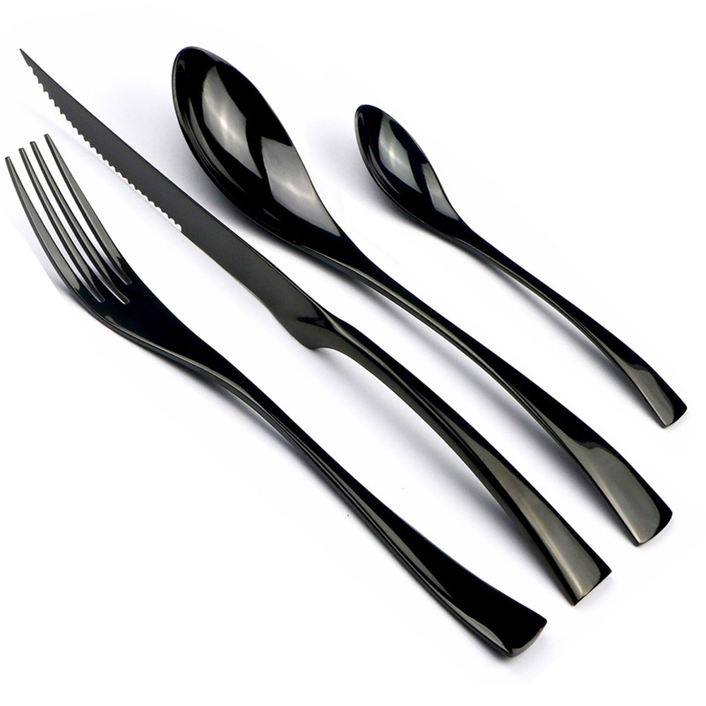 24 Pieces Shiny Rainbow Black Dinnerware Cutlery Set 18/10 Stainless Steel Sharp Steak Dinner Knives Forks Scoops Tableware Set