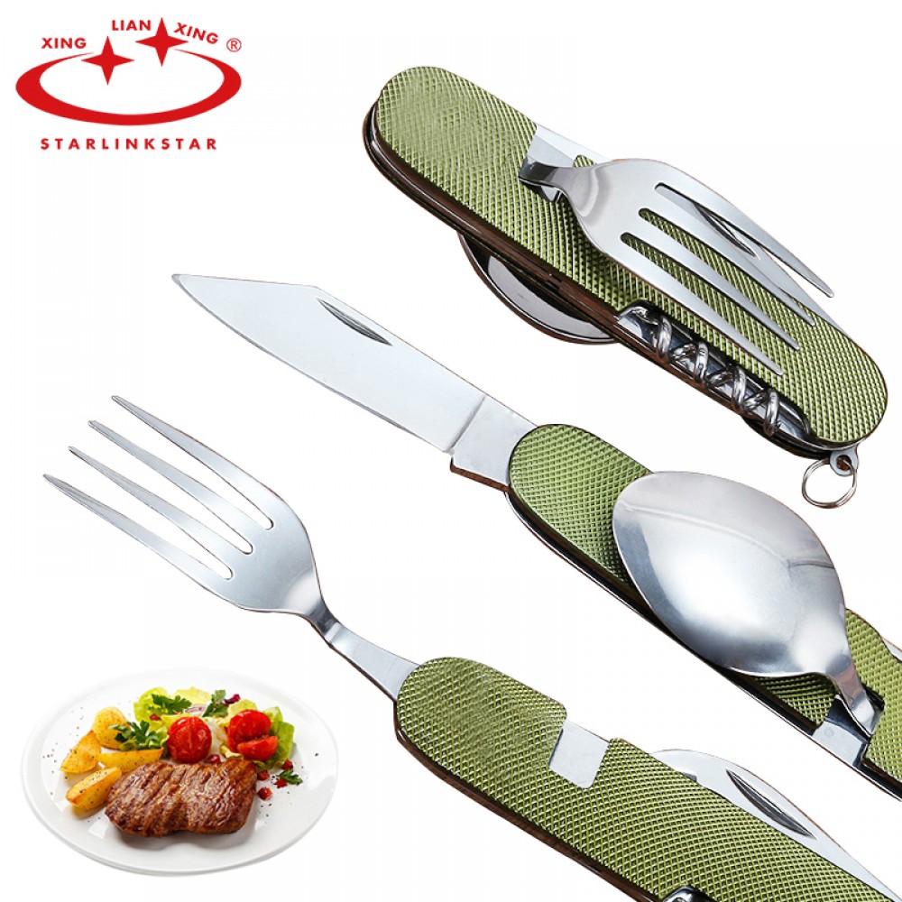 Multifunction Outdoor Camping Picnic Tableware Stainless Steel Cutlery Sets 4 in 1 Folding Fork Knifeamp;Bottle Opener Dinnerware