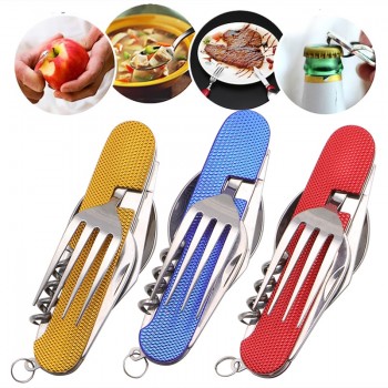 Multifunction Outdoor Camping Picnic Tableware Stainless Steel Cutlery Sets 4 in 1 Folding Fork Knifeamp;Bottle Opener Dinnerware