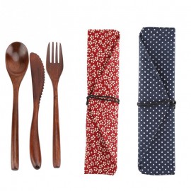 Reusable Bamboo Wooden Cutlery Set Fork Cutter Cutting Bag Students Office Worker Dinnerware Set Cooking Kitchen Tool