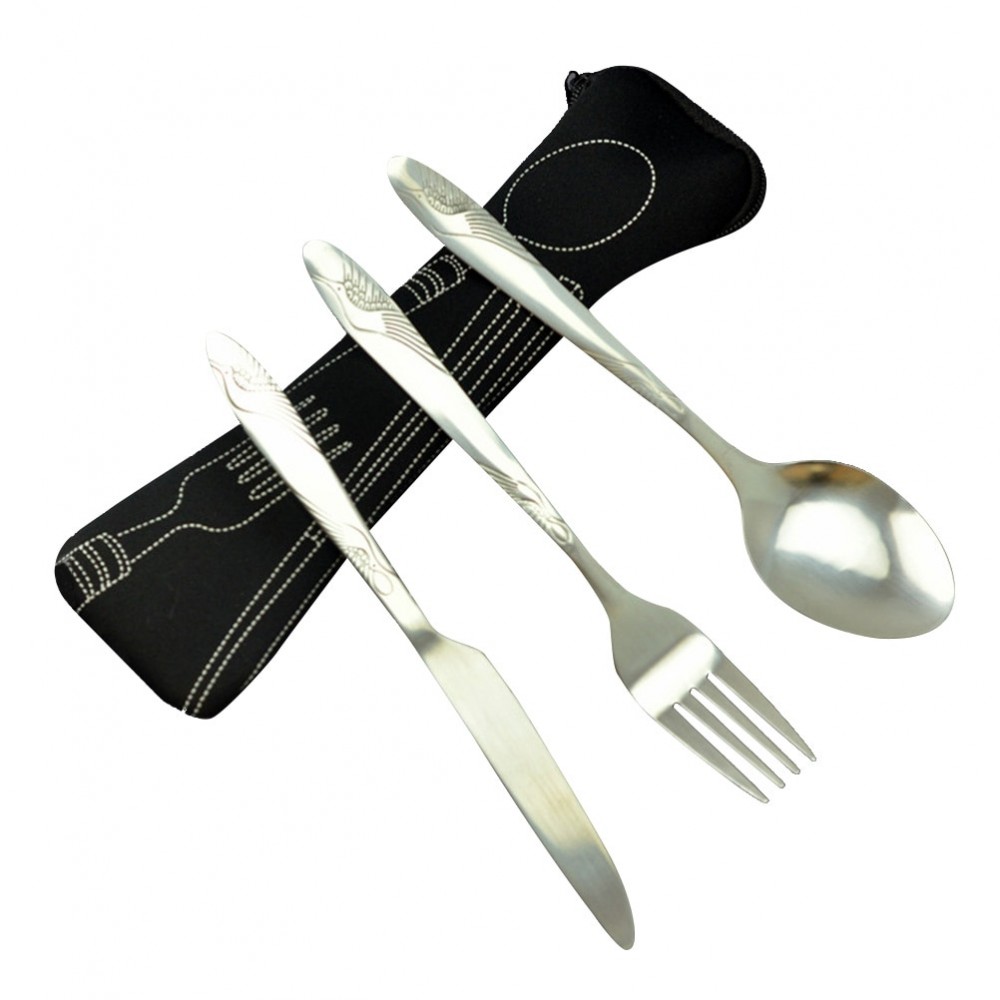 3 PCS Stainless Steel Tableware Set Travel Silverware Lightweight Travel Cutlery Set with Neoprene Case-Knife, Fork,