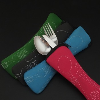 3 PCS Stainless Steel Tableware Set Travel Silverware Lightweight Travel Cutlery Set with Neoprene Case-Knife, Fork,
