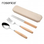 ROSENICE 3PCS Stainless Steel Tableware Cutlery Set with Beech Handle Include Fork Spoon Case