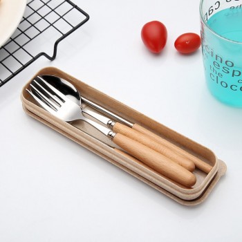 ROSENICE 3PCS Stainless Steel Tableware Cutlery Set with Beech Handle Include Fork Spoon Case