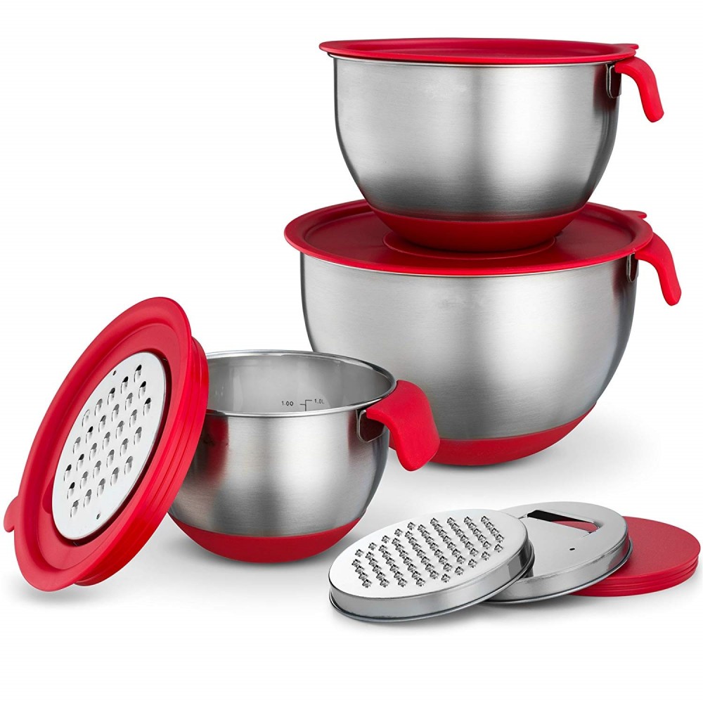 Best Stainless Steel Non-Slip Mixing Bowls with Grater Attachments Pour Spout Handle and Lid Nesting Set of 3 DIY Baking Tools