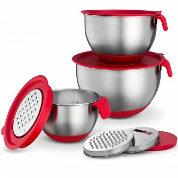 Best Stainless Steel Non-Slip Mixing Bowls with Grater Attachments Pour Spout Handle and Lid Nesting Set of 3 DIY Baking Tools