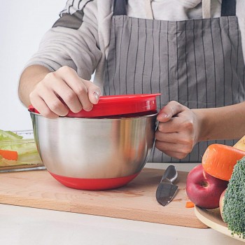 Best Stainless Steel Non-Slip Mixing Bowls with Grater Attachments Pour Spout Handle and Lid Nesting Set of 3 DIY Baking Tools
