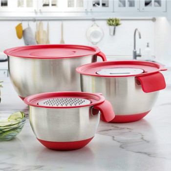 Best Stainless Steel Non-Slip Mixing Bowls with Grater Attachments Pour Spout Handle and Lid Nesting Set of 3 DIY Baking Tools