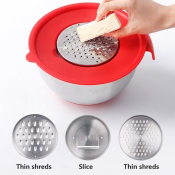 Best Stainless Steel Non-Slip Mixing Bowls with Grater Attachments Pour Spout Handle and Lid Nesting Set of 3 DIY Baking Tools
