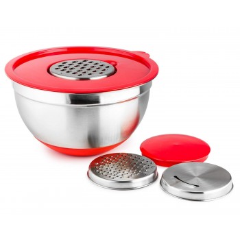 Best Stainless Steel Non-Slip Mixing Bowls with Grater Attachments Pour Spout Handle and Lid Nesting Set of 3 DIY Baking Tools