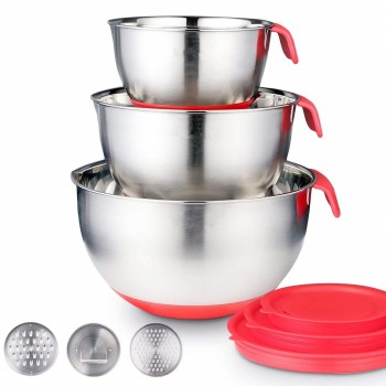 Best Stainless Steel Non-Slip Mixing Bowls with Grater Attachments Pour Spout Handle and Lid Nesting Set of 3 DIY Baking Tools