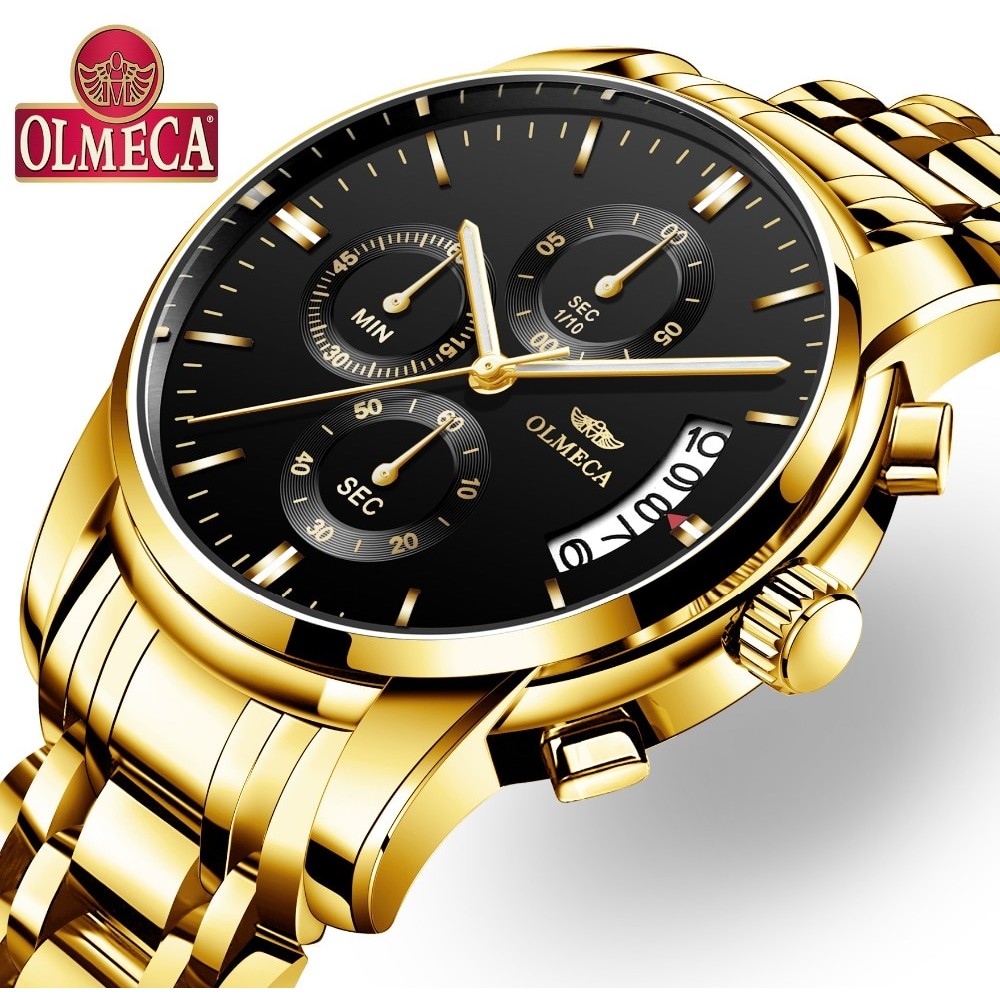 OLMECA Relogio Masculino Men Watch Luxury Watches 3ATM Waterproof Clock Chronograph Wristwatch Stainless Steel Band amp; Leather