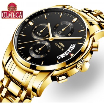OLMECA Relogio Masculino Men Watch Luxury Watches 3ATM Waterproof Clock Chronograph Wristwatch Stainless Steel Band amp; Leather