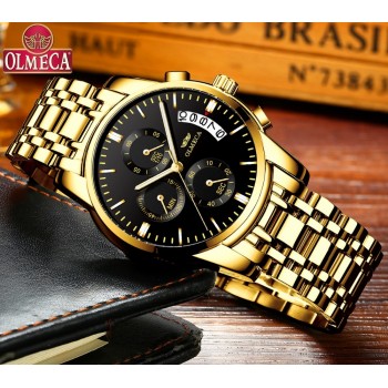 OLMECA Relogio Masculino Men Watch Luxury Watches 3ATM Waterproof Clock Chronograph Wristwatch Stainless Steel Band amp; Leather