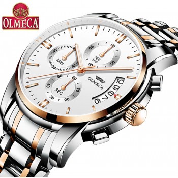 OLMECA Relogio Masculino Men Watch Luxury Watches 3ATM Waterproof Clock Chronograph Wristwatch Stainless Steel Band amp; Leather