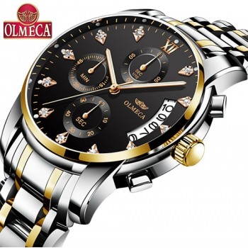 OLMECA Relogio Masculino Men Watch Luxury Watches 3ATM Waterproof Clock Chronograph Wristwatch Stainless Steel Band amp; Leather