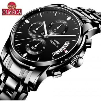 OLMECA Relogio Masculino Men Watch Luxury Watches 3ATM Waterproof Clock Chronograph Wristwatch Stainless Steel Band amp; Leather
