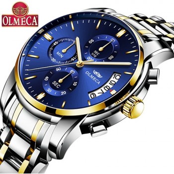 OLMECA Relogio Masculino Men Watch Luxury Watches 3ATM Waterproof Clock Chronograph Wristwatch Stainless Steel Band amp; Leather