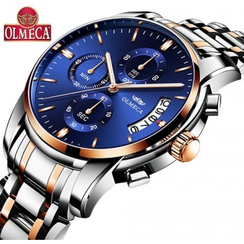 OLMECA Relogio Masculino Men Watch Luxury Watches 3ATM Waterproof Clock Chronograph Wristwatch Stainless Steel Band amp; Leather