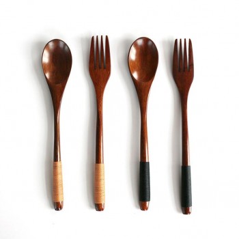 Natural Wooden Teaspoons Fork Bamboo Kitchen Food Dining Utensil Tool Soup Teaspoon Catering Dinnerware Cutlery Tableware Set