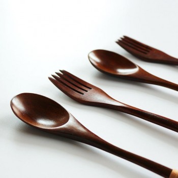 Natural Wooden Teaspoons Fork Bamboo Kitchen Food Dining Utensil Tool Soup Teaspoon Catering Dinnerware Cutlery Tableware Set
