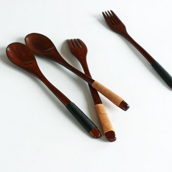 Natural Wooden Teaspoons Fork Bamboo Kitchen Food Dining Utensil Tool Soup Teaspoon Catering Dinnerware Cutlery Tableware Set