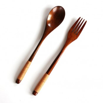 Natural Wooden Teaspoons Fork Bamboo Kitchen Food Dining Utensil Tool Soup Teaspoon Catering Dinnerware Cutlery Tableware Set