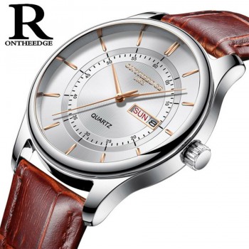 High Quality Rose Gold Dial Watch Men Leather Waterproof 30M Watches Business Fashion Japan Quartz Movement Auto Date Male Clock