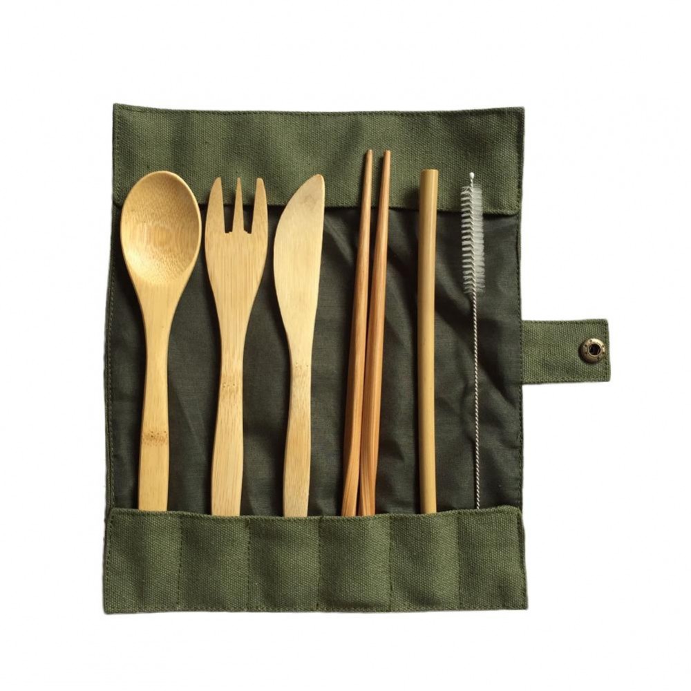 6Pcs/set Japanese Wooden Dinnerware Set Cutlery Set Bamboo Fork Knife With Cloth Bag Kitchen Tools picnic travel camping outdoor