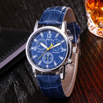 Fashion Faux Leather Mens Analog Quarts Watches Blue Ray Men Wrist Watch 2018 Mens Watches Top Brand Luxury Casual Watch Clock