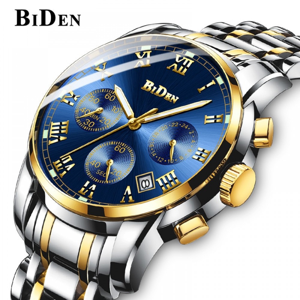 BIDEN Top Brand Luxury Chronograph Date Mens Watches Military Sport Male Clock Steel Strap Business Wrist Quartz Men Watch
