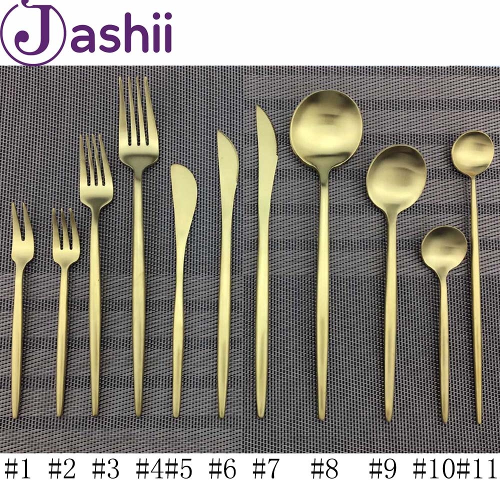 JASHII Pure Gold Dinnerware Wedding Golden Travel Cutlery Set 18/10 Stainless Steel Dinner Knife Fork Scoops Silverware Hot Sale