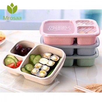 1Pc Wheat Straw Lunchbox 3 Grids With Lid Fruit Food Box Storage Container Biodegradable Bento Lunch Boxes For Kids Dinnerware