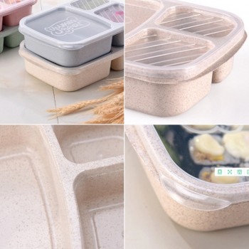 1Pc Wheat Straw Lunchbox 3 Grids With Lid Fruit Food Box Storage Container Biodegradable Bento Lunch Boxes For Kids Dinnerware