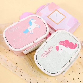 Korean Style Lunch Bento Boxes Double Layer Eco-friendly Unicorn Pattern Wheat Straw Lunch Box 1Pcs Food Container