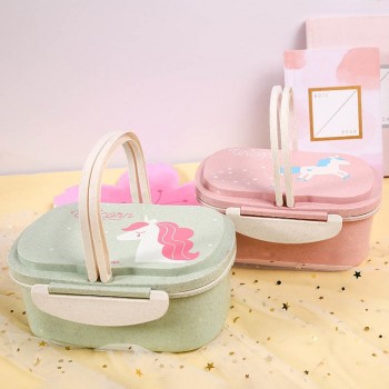 Korean Style Lunch Bento Boxes Double Layer Eco-friendly Unicorn Pattern Wheat Straw Lunch Box 1Pcs Food Container