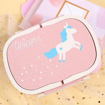 Korean Style Lunch Bento Boxes Double Layer Eco-friendly Unicorn Pattern Wheat Straw Lunch Box 1Pcs Food Container