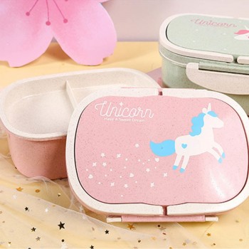Korean Style Lunch Bento Boxes Double Layer Eco-friendly Unicorn Pattern Wheat Straw Lunch Box 1Pcs Food Container