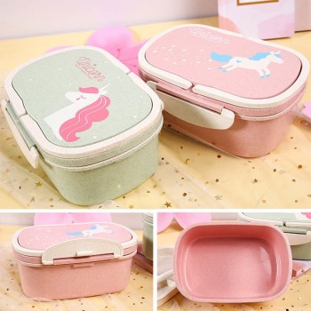 Korean Style Lunch Bento Boxes Double Layer Eco-friendly Unicorn Pattern Wheat Straw Lunch Box 1Pcs Food Container