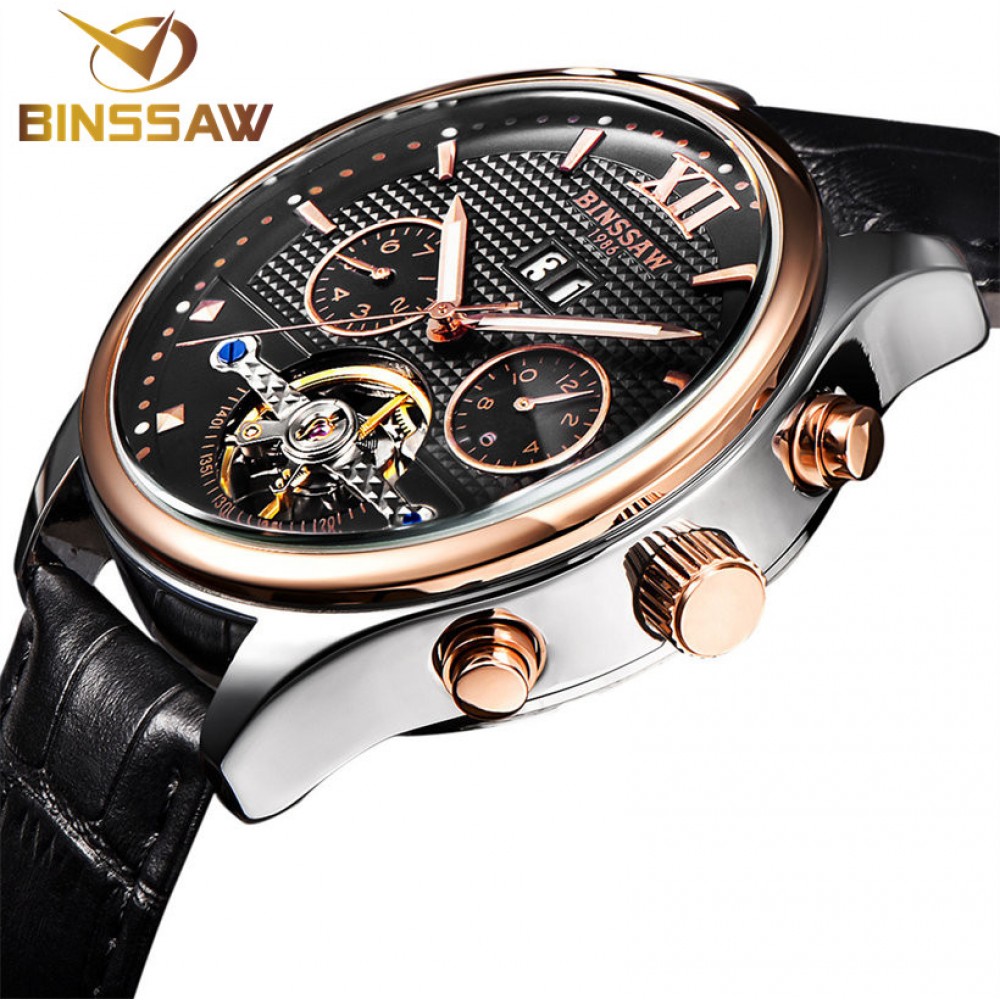 BINSSAW New Men Automatic Mechanical Watch Is The Tourbillon Dial Black Leather Fashion Sports Watches Relogio Masculino Relojes