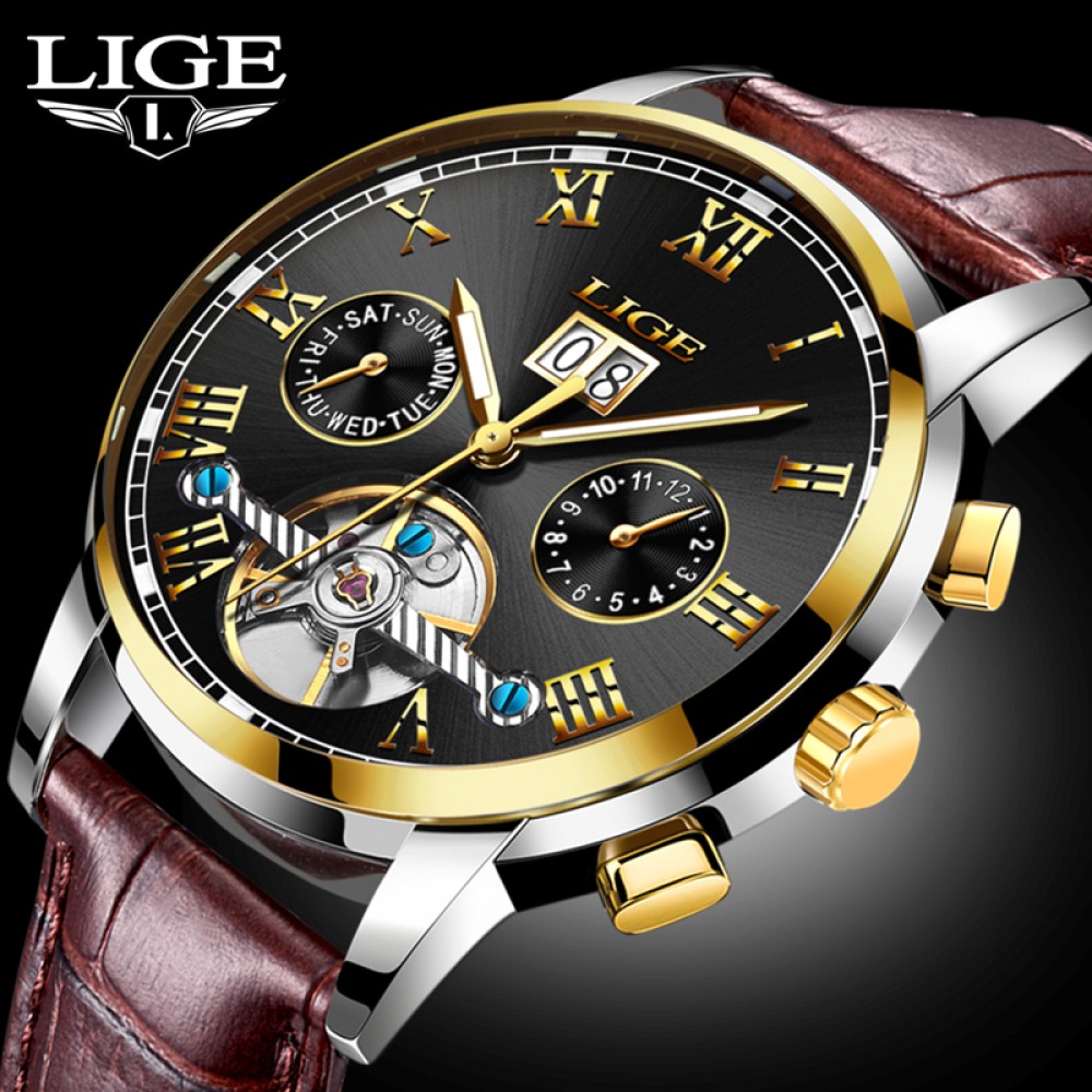 New Fashion LIGE Luxury Brand Watch Mens Automatic Mechanical Watch Men Sports Waterproof Leather Watches Relogio Masculino