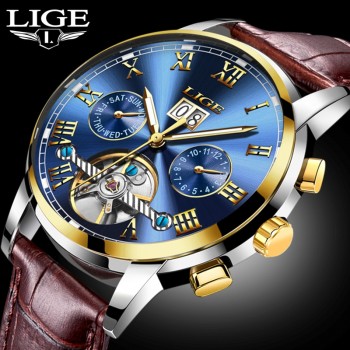 New Fashion LIGE Luxury Brand Watch Mens Automatic Mechanical Watch Men Sports Waterproof Leather Watches Relogio Masculino
